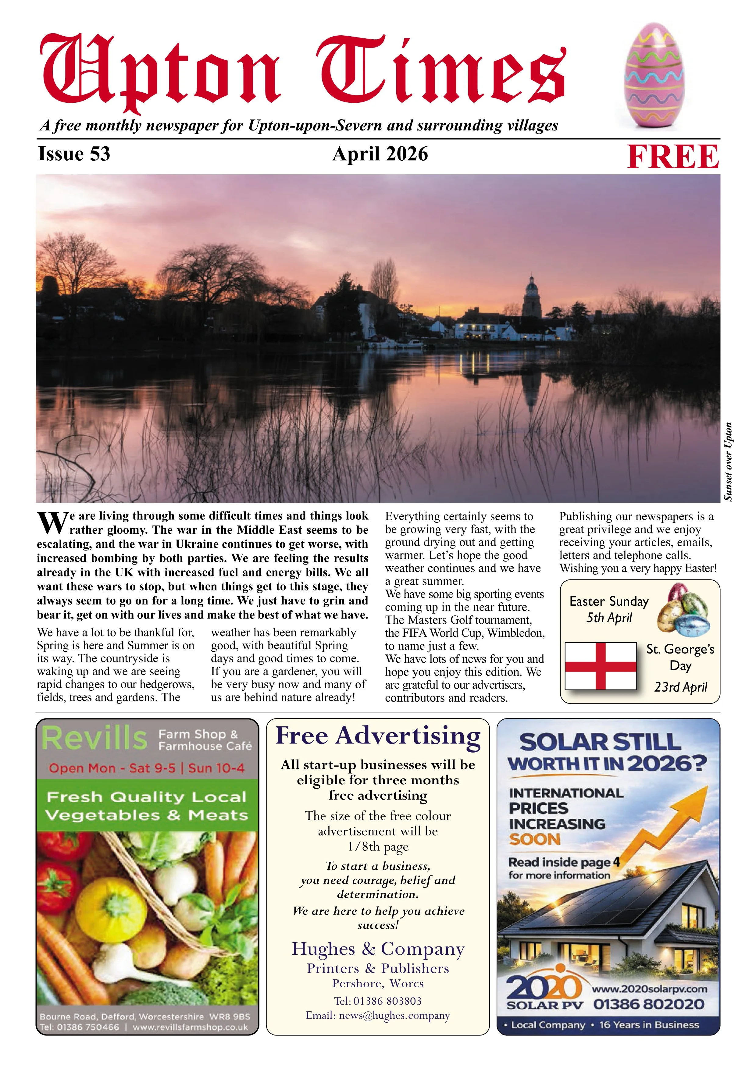 The front page of the April 2026 issue of the Upton Times newspaper, featuring a scenic sunset over a river with trees and buildings in the background, accompanied by articles, advertisements, and Easter holiday information.