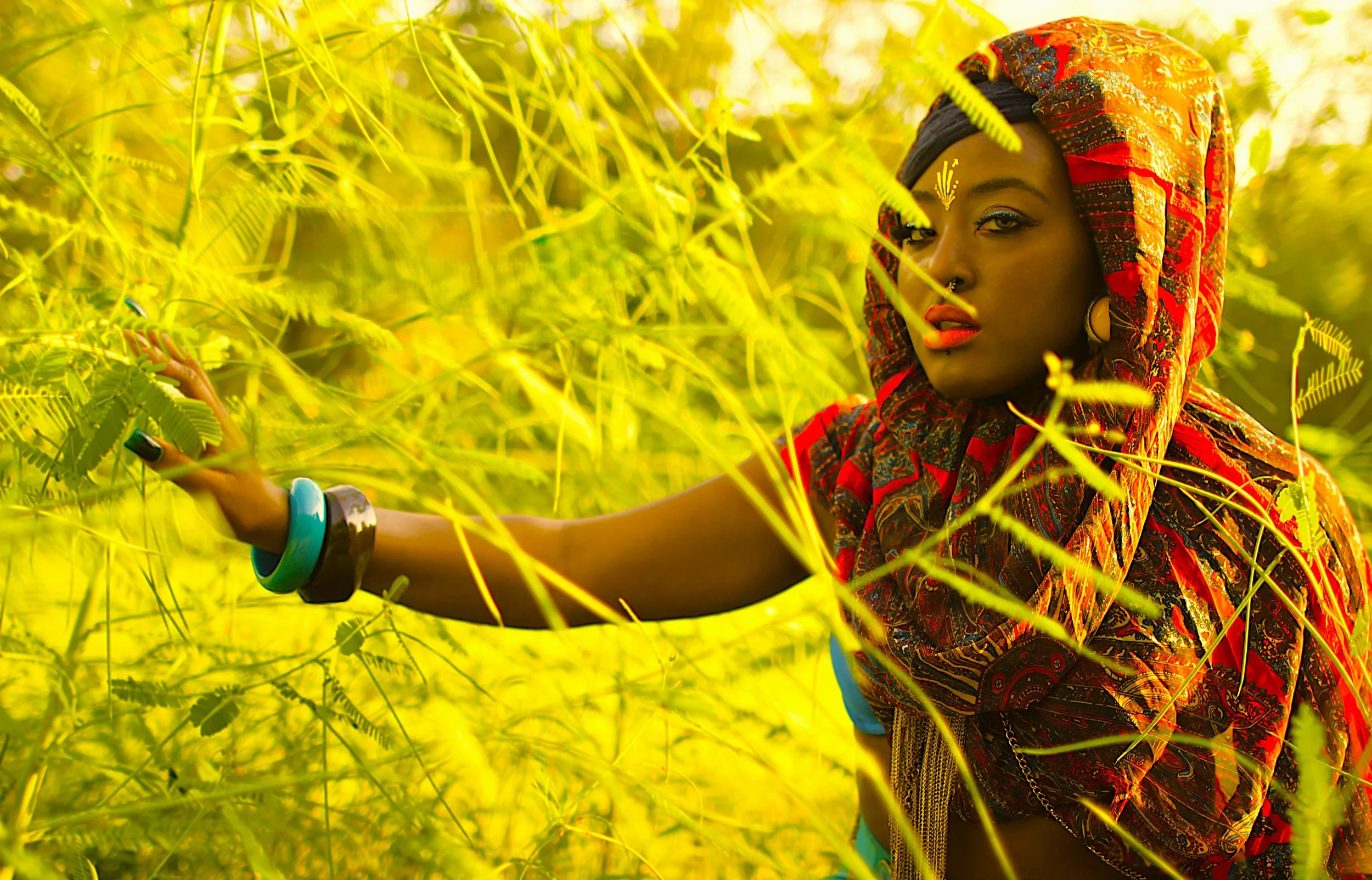 Surrounded by vibrant foliage, the Queen moves through the landscape with intention and grace. The golden tones and rich textures reflect the harmony between nature, identity, and the powerful presence she carries.