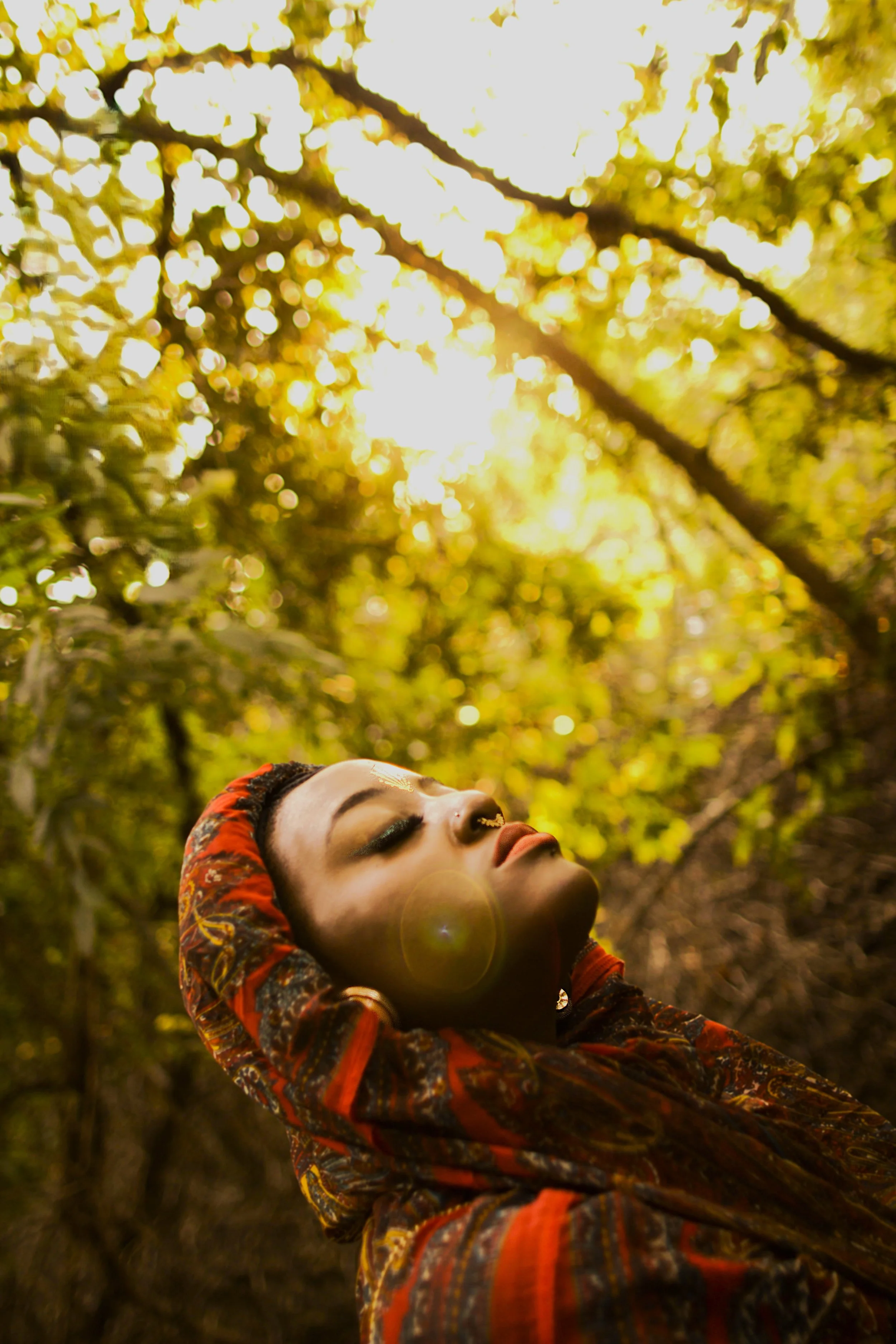 With her face turned toward the warmth of the sun, the Queen of the Golden Sun embraces the light filtering through the forest canopy. The glowing rays and surrounding foliage create a serene and powerful moment, symbolizing renewal, inner strength, 