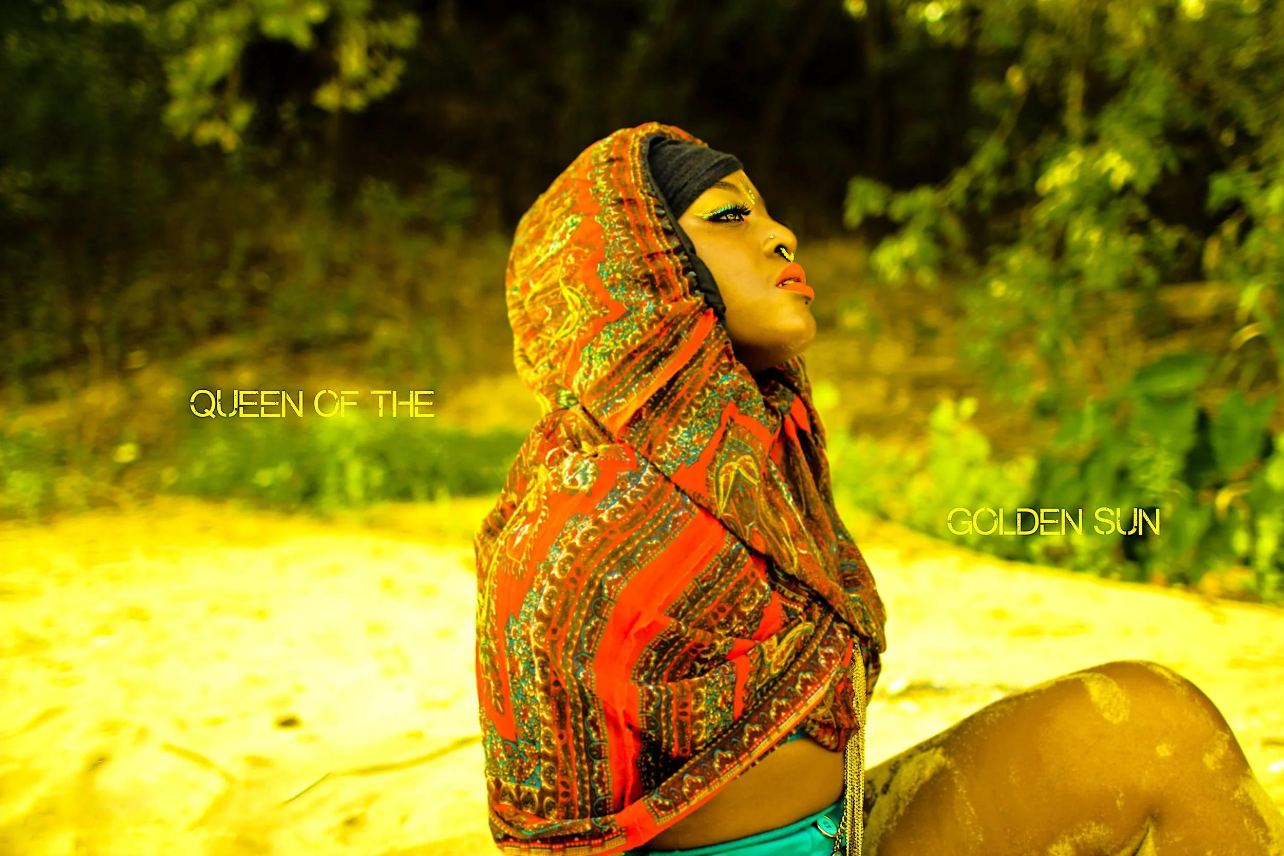 Seated beneath the warmth of the sun, the Queen of the Golden Sun lifts her gaze toward the light, embodying resilience, pride, and quiet authority. The vibrant fabrics and golden tones surrounding her reinforce the central theme of the series—celebr