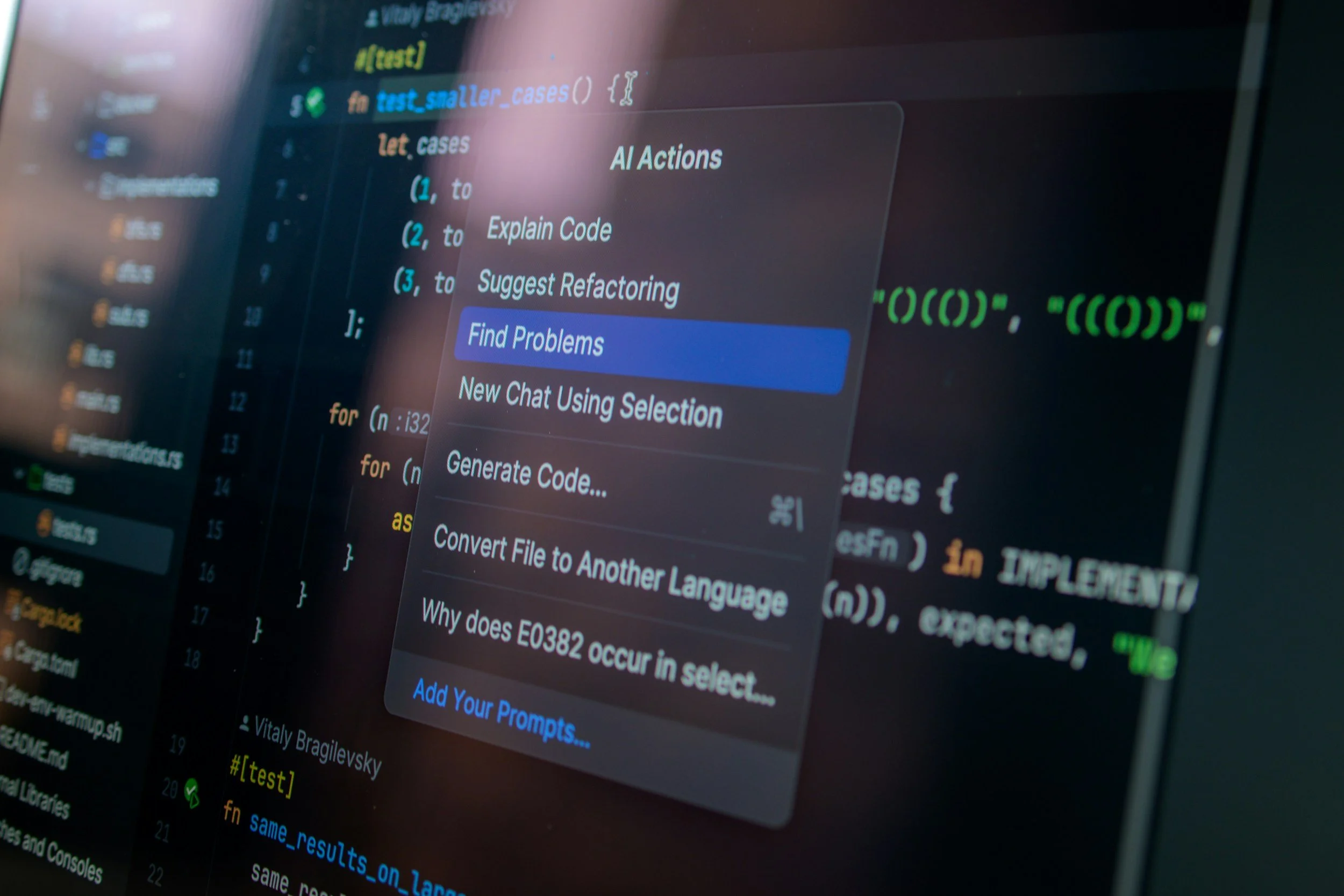 Computer screen displaying a code editor with a pop-up menu showing options like Explain Code, Suggest Refactoring, Find Problems, and Generate Code.
