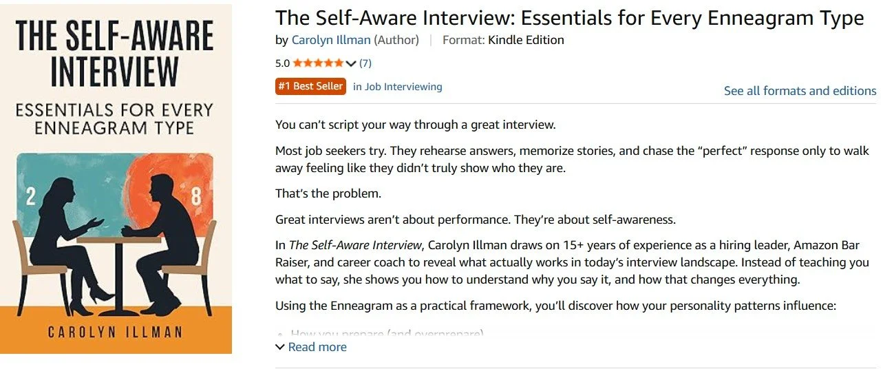 Cover of the book titled 'The Self-Aware Interview: Essentials for Every Enneagram Type' by Carolyn Illman. The cover features silhouettes of two people sitting across from each other at a table, with a stylized background including the numbers 2, 8, and 4.