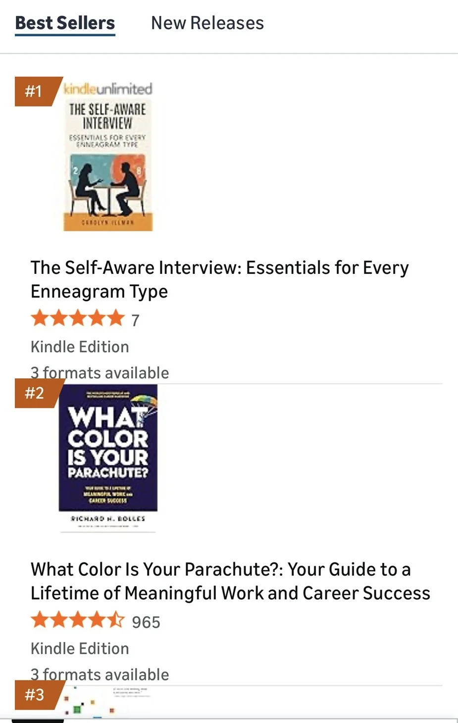 Screenshot of a Kindle bestsellers list showing two books: 1) 'The Self-Aware Interview: Essentials for Every Enneagram Type' with a cover illustration of two silhouettes sitting at a table, and 2) 'What Color Is Your Parachute?: Your Guide to a Lifetime of Meaningful Work and Career Success' with a colorful parachute illustration on the cover.