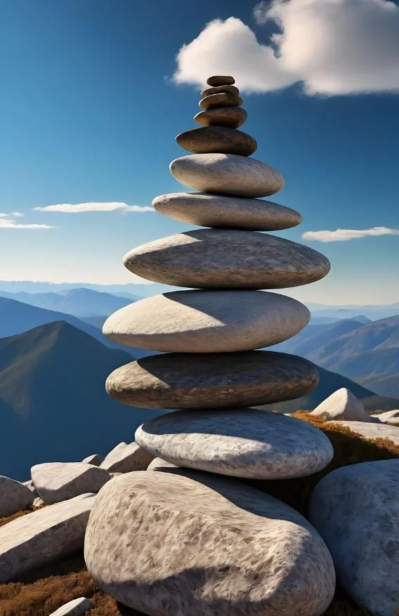 Paysage de montagne avec galets zen, symbolisant l’approche naturopathique pour apaiser le stress : respiration, hygiène de vie, équilibre émotionnel et soutien naturel du système nerveux.
