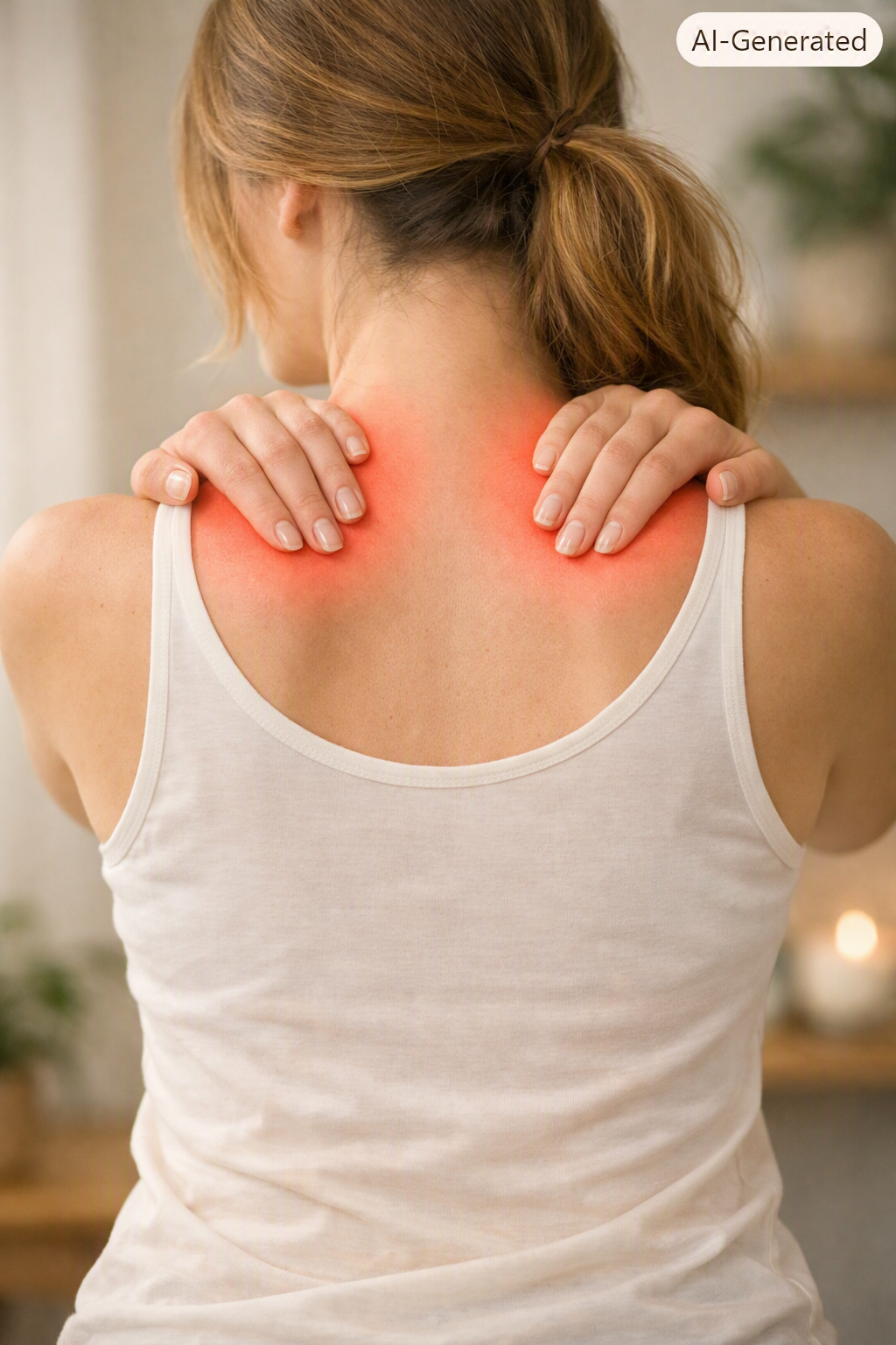  Haut du dos féminin, visage hors champ, mains posées sur les trapèzes pour illustrer les douleurs et l’inflammation. Visuel lumineux et apaisé représentant l’accompagnement naturopathique au cabinet Neovita à Reims.