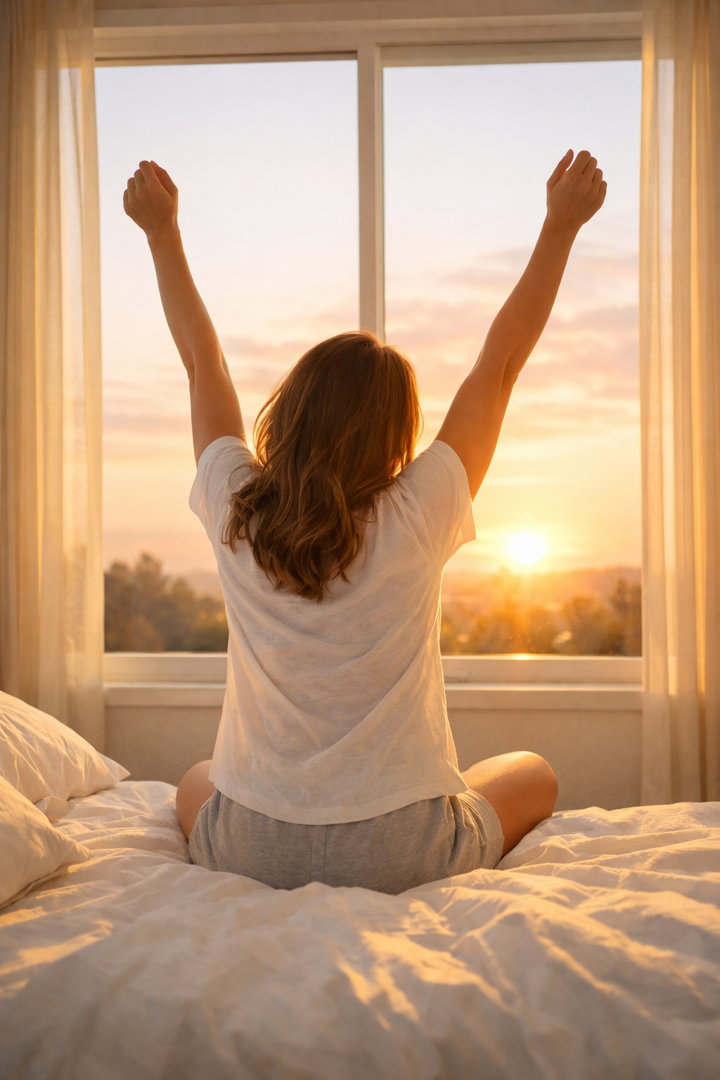 Femme assise de dos sur un lit, bras levés vers la fenêtre, accueillant la lumière du matin. Image symbolisant le réveil naturel, la détente nerveuse et le retour à l’énergie vitale grâce à l’accompagnement naturopathique Neovita à Reims. 