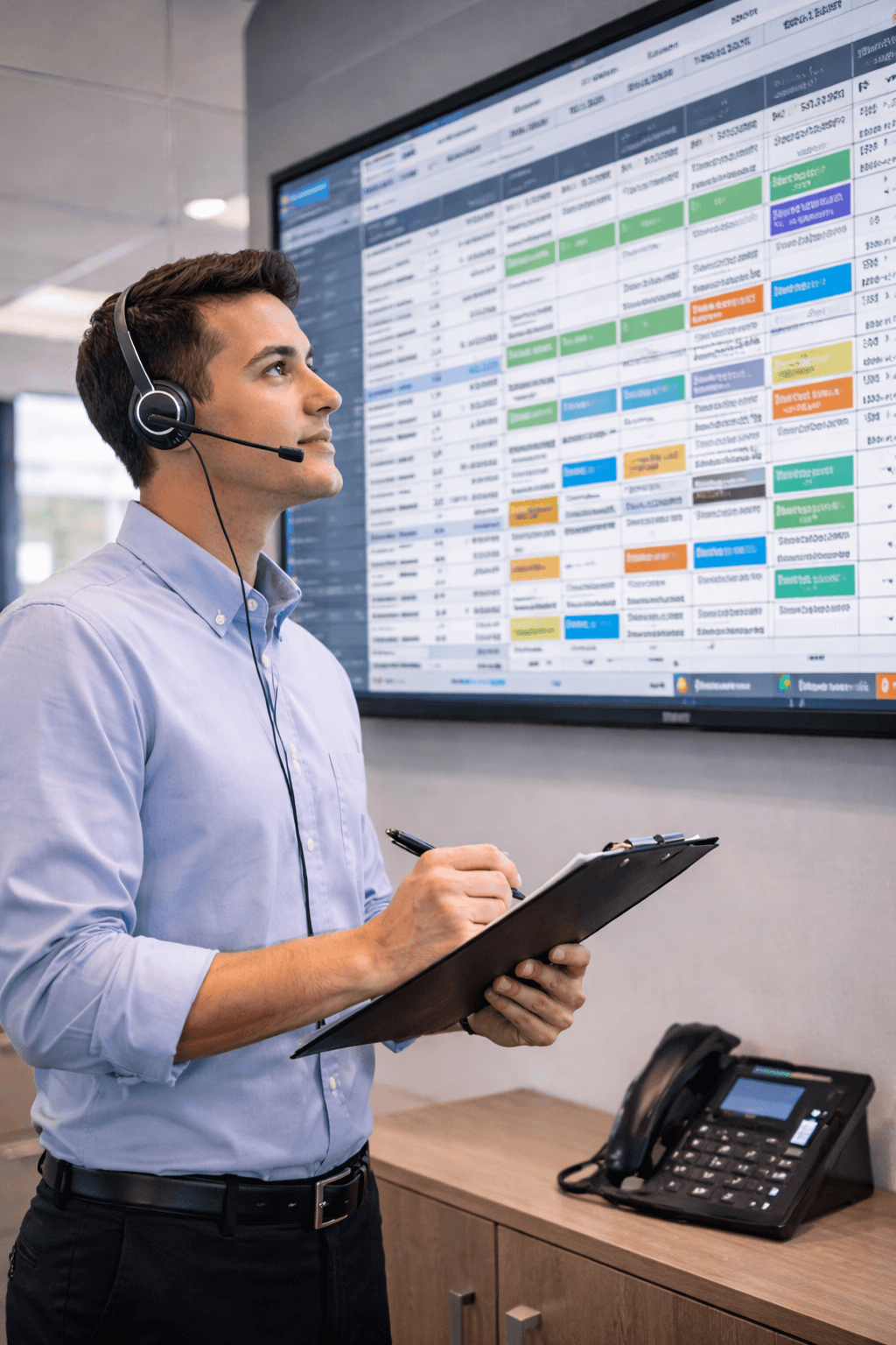 A man wearing a headset and holding a notepad and pen, standing in front of a large digital screen displaying a colorful schedule or calendar, with a desk and telephone nearby.