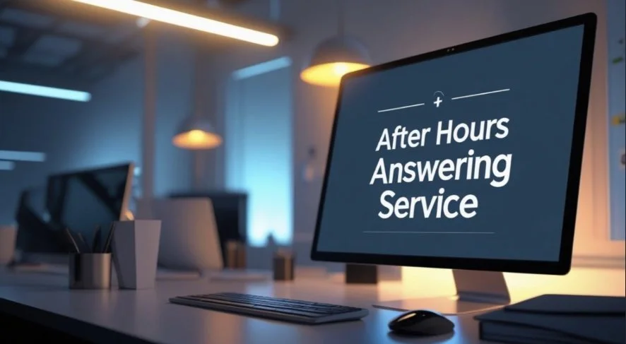 Computer monitor displaying 'After Hours Answering Service' on a desk in an office setting.