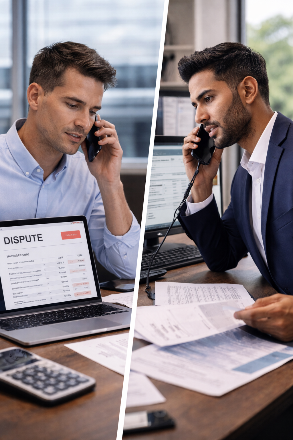 Two men on phones in an office, one with a list of disputes on a laptop, the other with documents and a computer, engaged in a serious conversation.