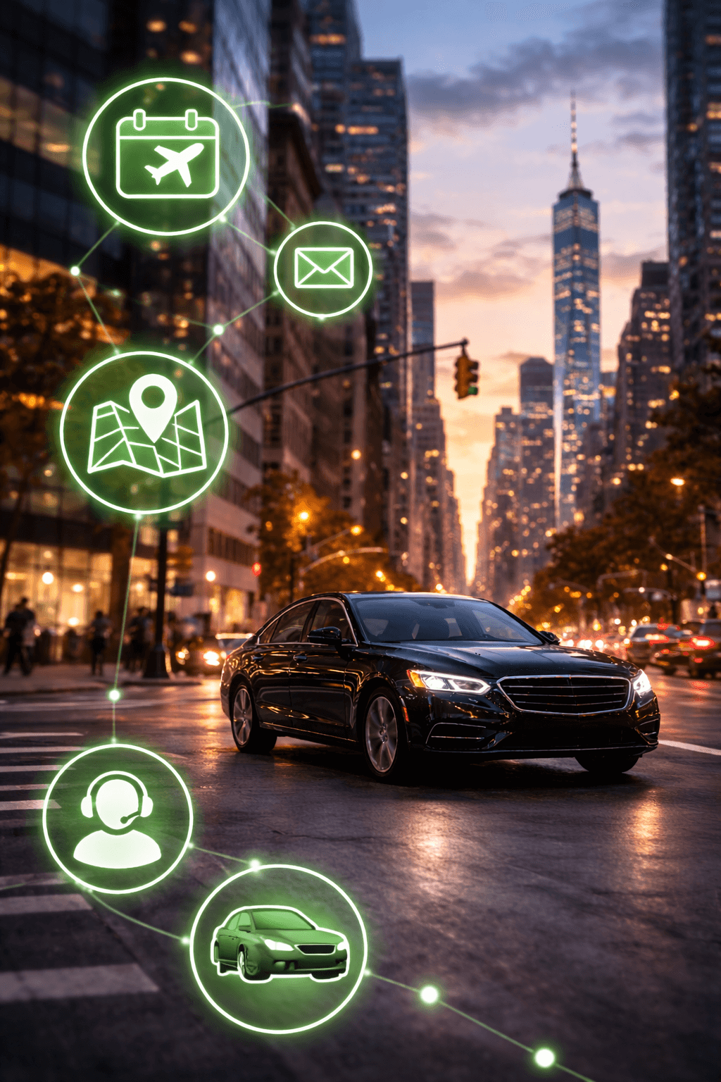 A black sedan driving on a city street during sunset, with skyscrapers in the background and digital icons overlaid representing travel, email, navigation, customer support, and communication.