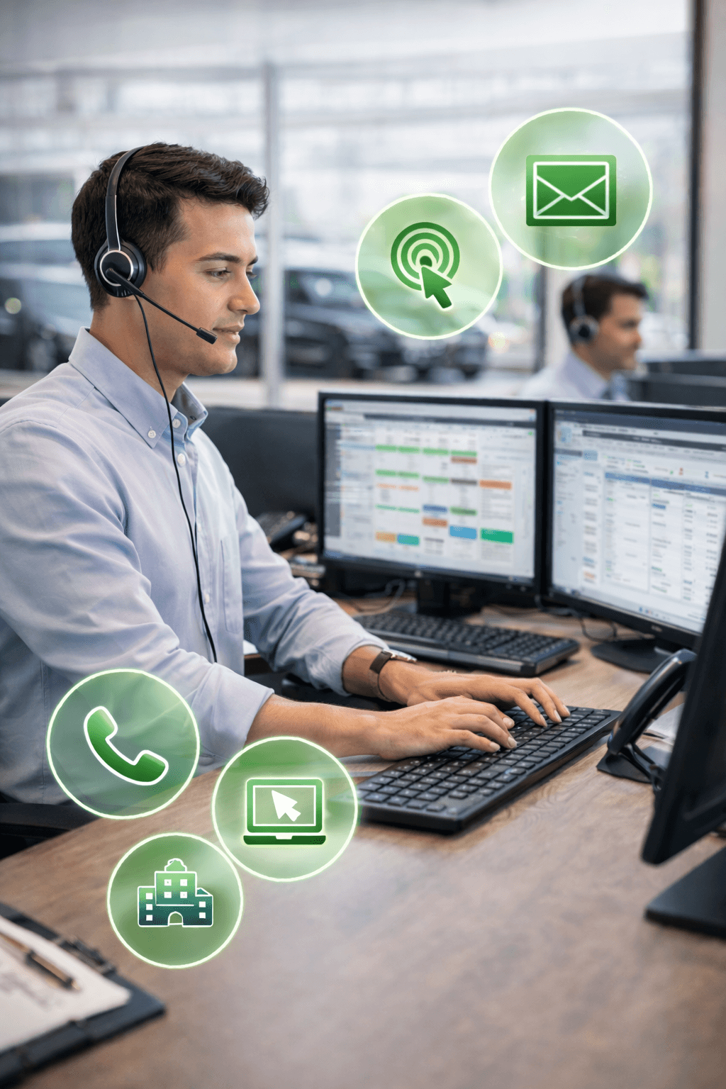 Customer service representative working at his desk with multiple monitors, wearing a headset, in an office environment, with icons indicating phone call, email, website, message, and office building around him.