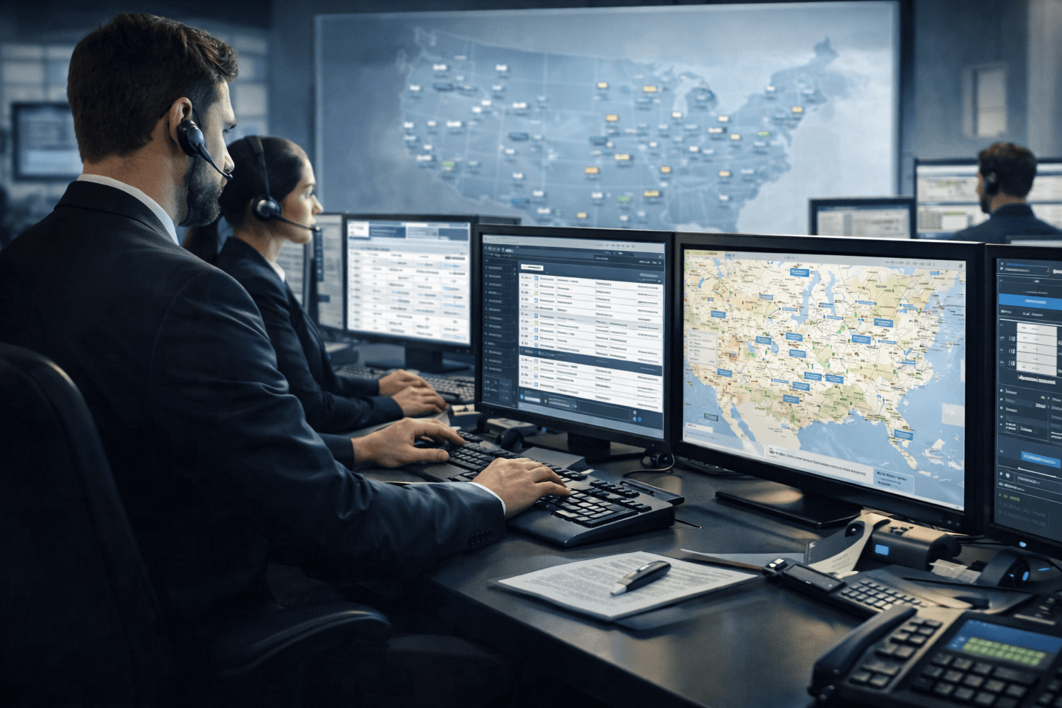 Transportation dispatch operations center monitoring nationwide reservations, fleet activity, and ride coordination across the United States.