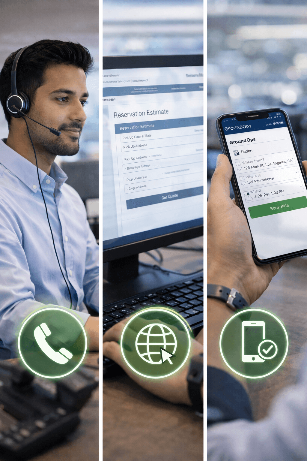 Collage of three sections showing a customer service agent with a headset, a computer screen displaying reservation estimate form, and a hand holding a smartphone with a ride-booking app. Symbols for calling, internet browsing, and mobile booking are below each section.
