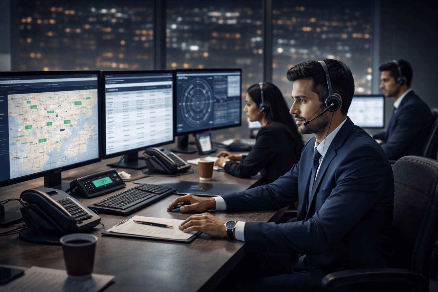 Office workers in suits and headsets working at computer desks with multiple monitors, city lights visible through the windows at night.