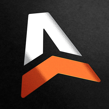 A logo with a white letter 'A' and an orange arrow shape beneath it on a black background.