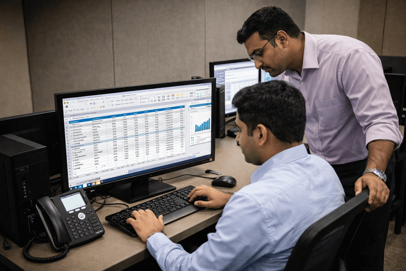 Two men working in an office, looking at a computer screen displaying a spreadsheet and graphs.