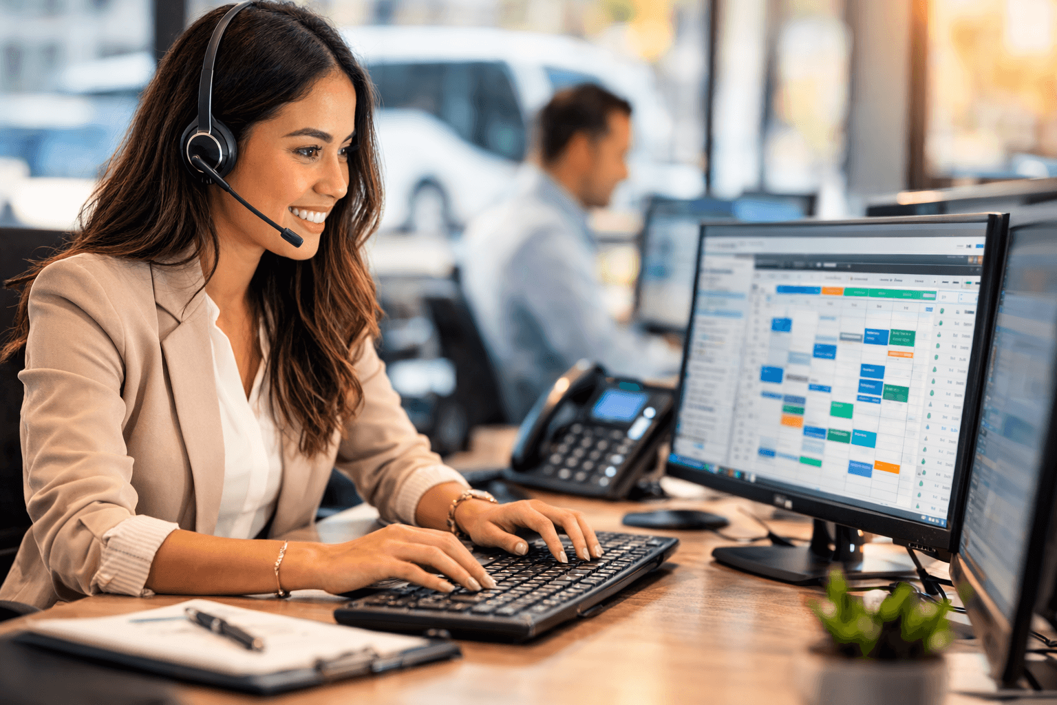 A woman working at her desk with a headset on, looking at a computer monitor displaying a calendar or schedule. She is smiling and appears focused. There is a man working at another desk in the background.