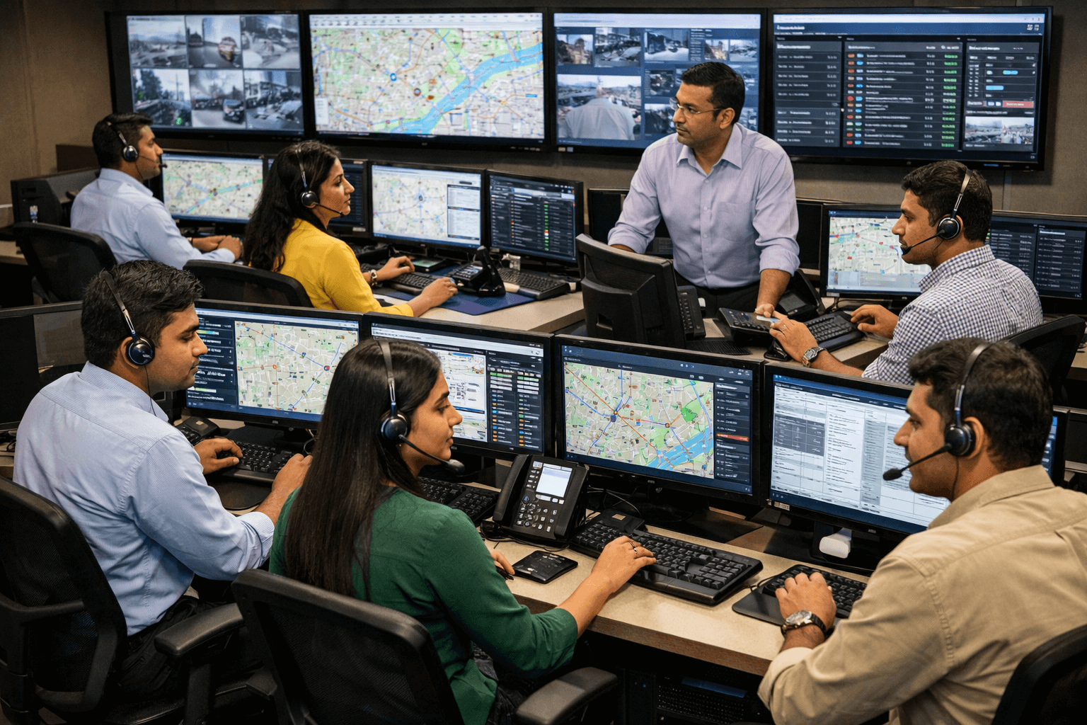 A control room with multiple monitors displaying maps, surveillance footage, and data. Several staff members wearing headsets work at desks, communicating and monitoring various screens.