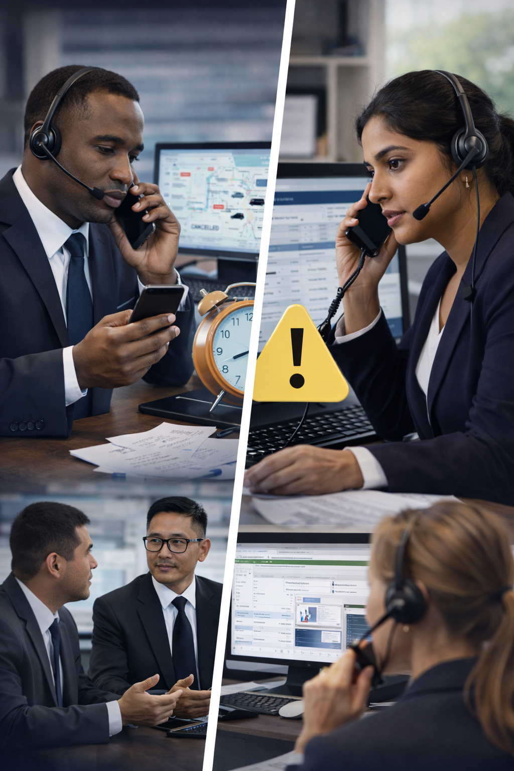 Collage of four business professionals working at their desks, communicating via phones and computers, with one image showing a warning sign and another displaying a calendar on a screen.
