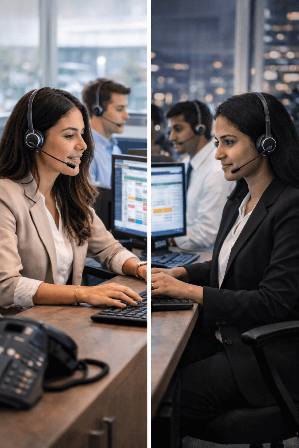 Two office workers with headsets working at desks with computers in a split-screen image, one woman in beige blazer on the left, one woman in black blazer on the right.
