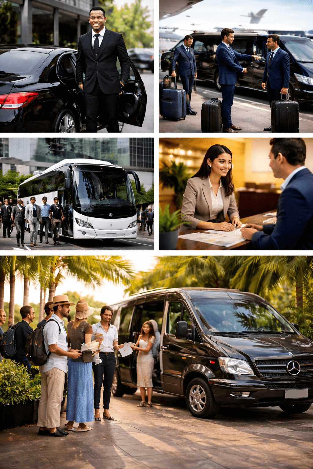 Collage of images depicting business travelers and tourists. The top left shows a man in a suit exiting a black car; the top right shows three men in suits with luggage at an airport drop-off; the middle left shows a group boarding a white bus; the middle right shows a woman and man having a discussion at a reception desk; the bottom shows tourists with backpacks and hats standing outside a black van among palm trees.