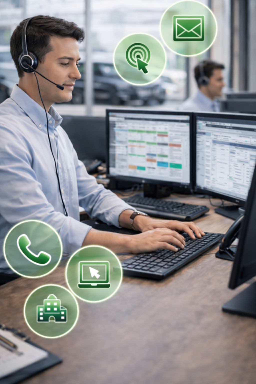 A customer service representative with a headset working at a computer in an office, with icons for email, phone, website, and building overlaid.
