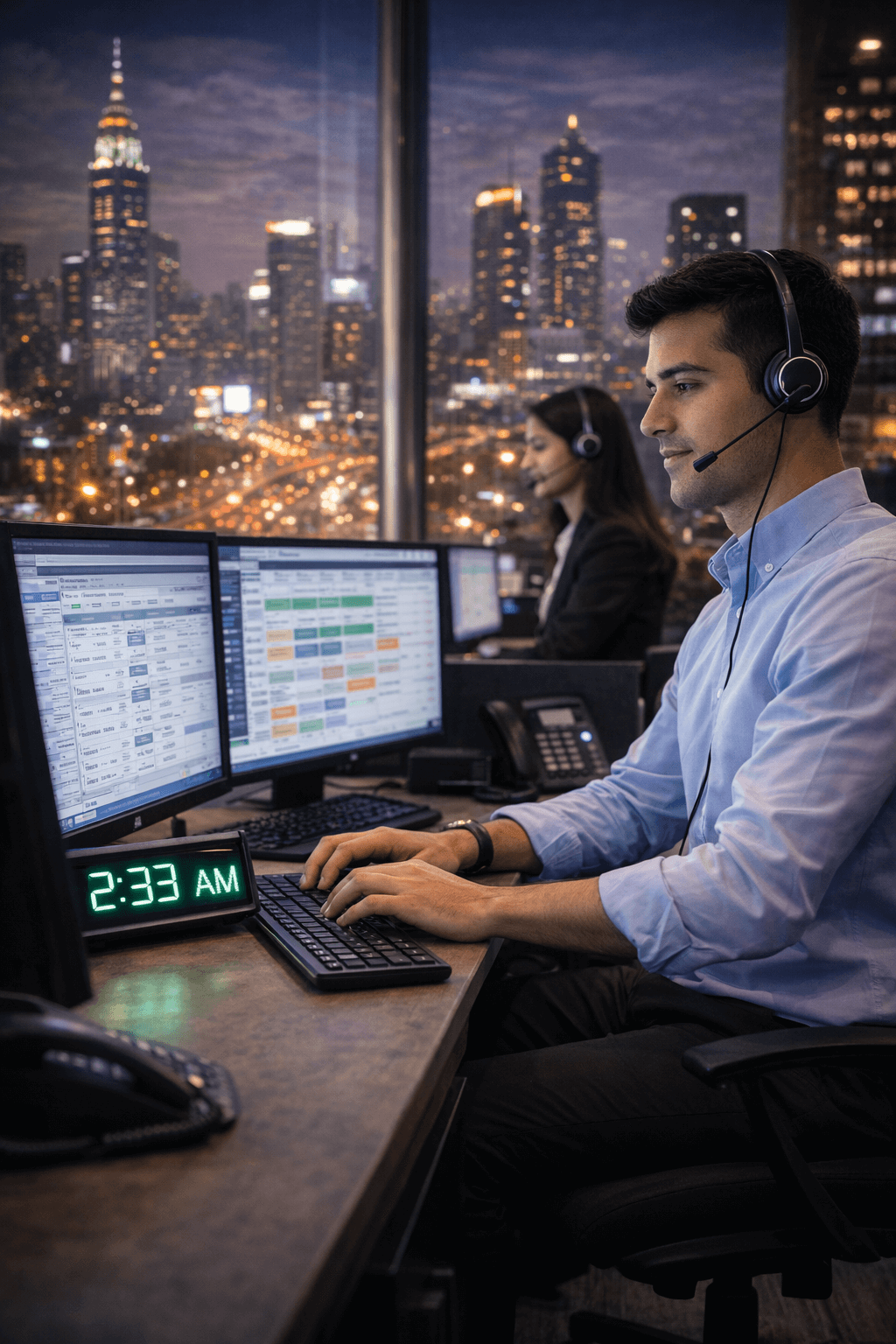 An office with two employees working at computers, wearing headsets, with a city skyline view at night in the background.