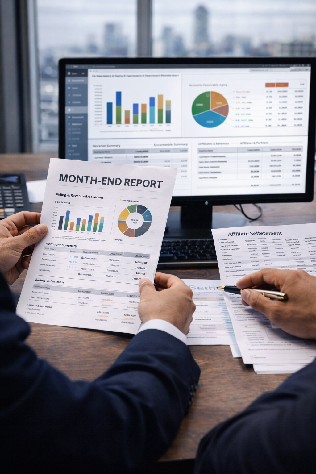 Businesspeople reviewing a month-end report with charts and financial data at an office desk.
