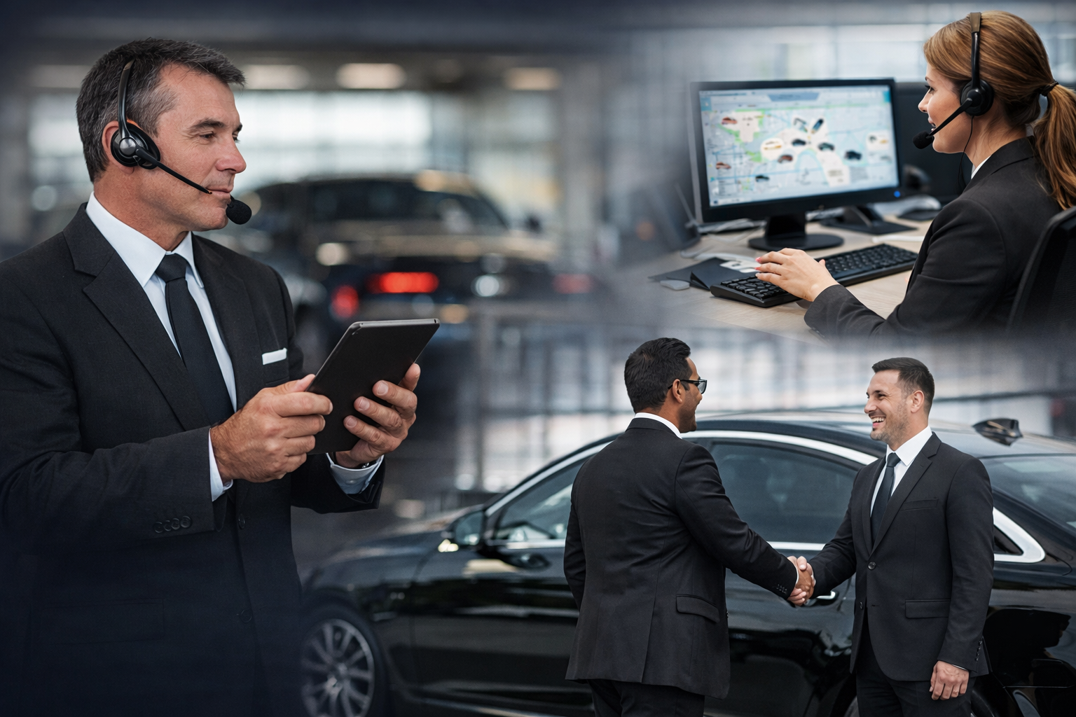 Automotive dealership scene with a man in a suit using a tablet, a woman with a headset at a computer, and two men shaking hands near a black car inside a showroom.