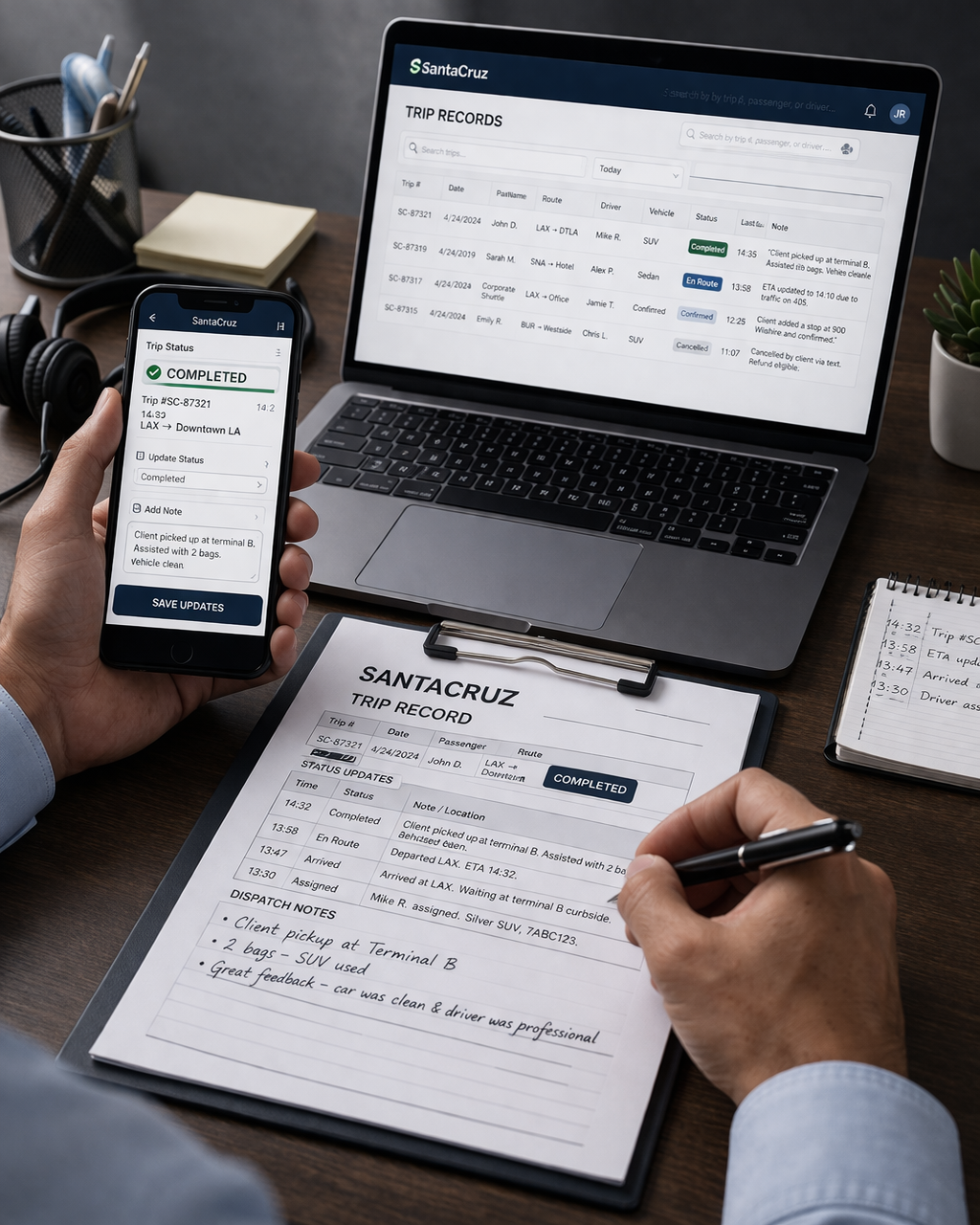 A person reviewing trip records on a laptop and mobile phone, with a clipboard displaying a trip record sheet, in an office environment with pens, notepad, and a plant on the desk.