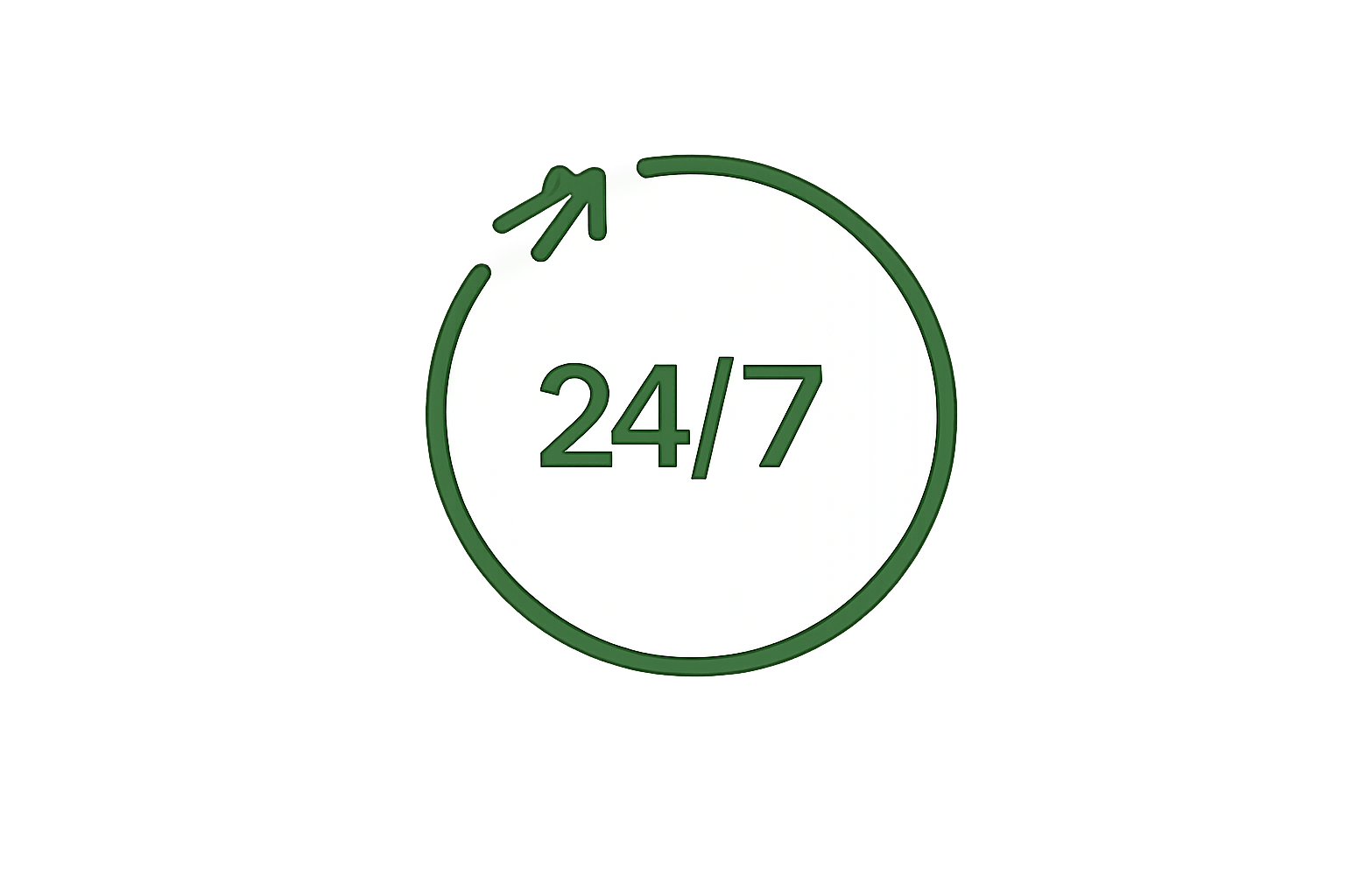 A circular clock icon with a green outline, showing 24/7 service, with an arrow pointing clockwise.