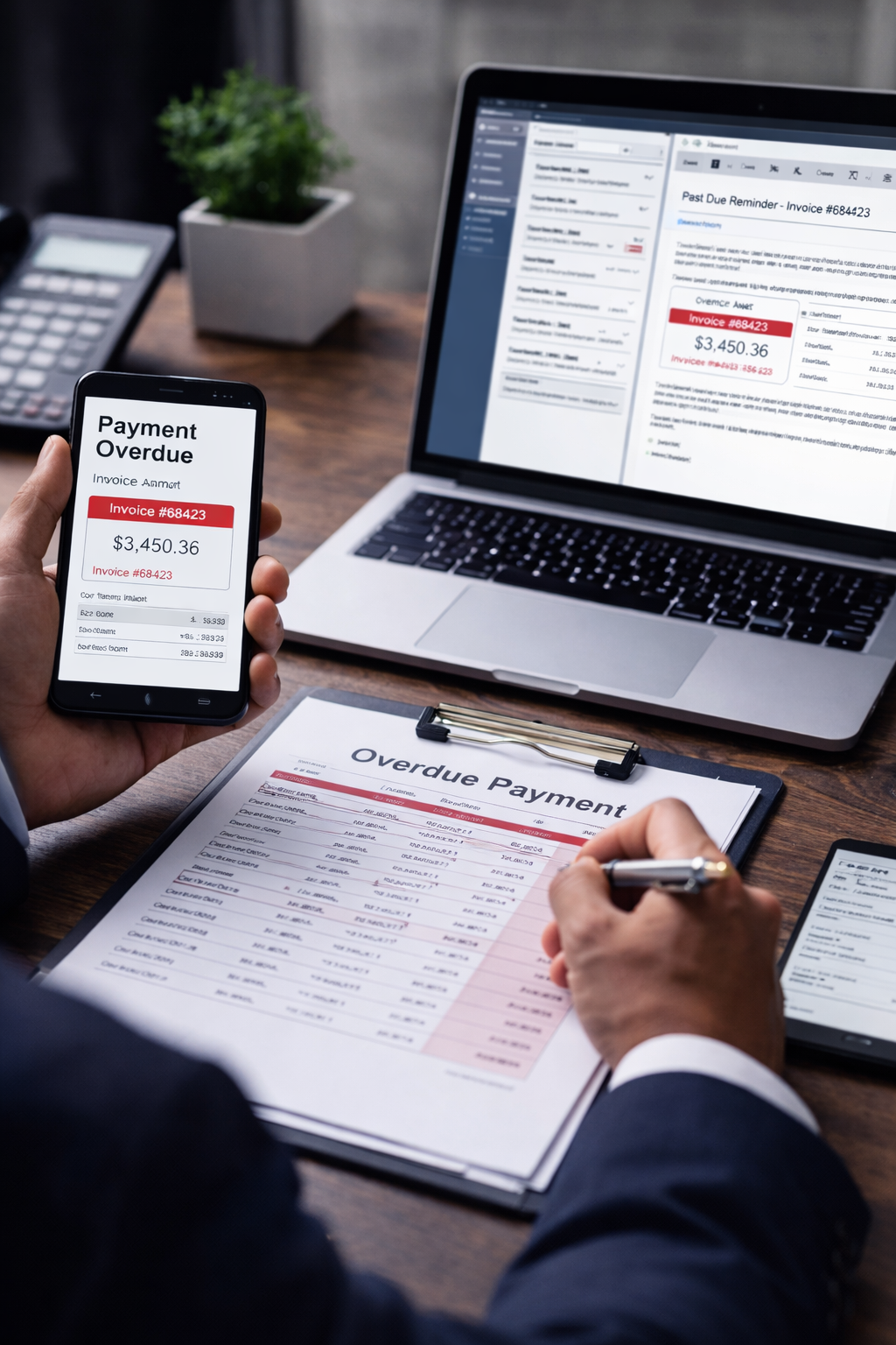 Person reviewing overdue payment documents, holding a phone displaying a payment overdue notice, with a laptop and clipboard also showing overdue notices on a wooden desk.