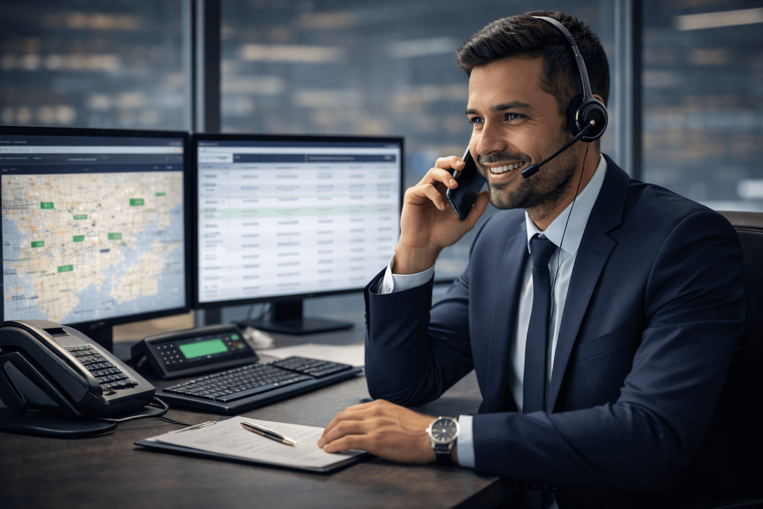 A man in a suit with a headset, talking on the phone at his desk with multiple computer monitors displaying maps and data, and office supplies nearby.