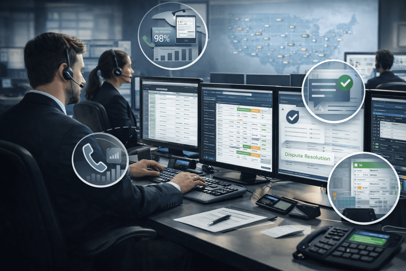 Transportation operations team monitoring performance metrics including dispatch activity, call handling, response times, and reservation workflows.