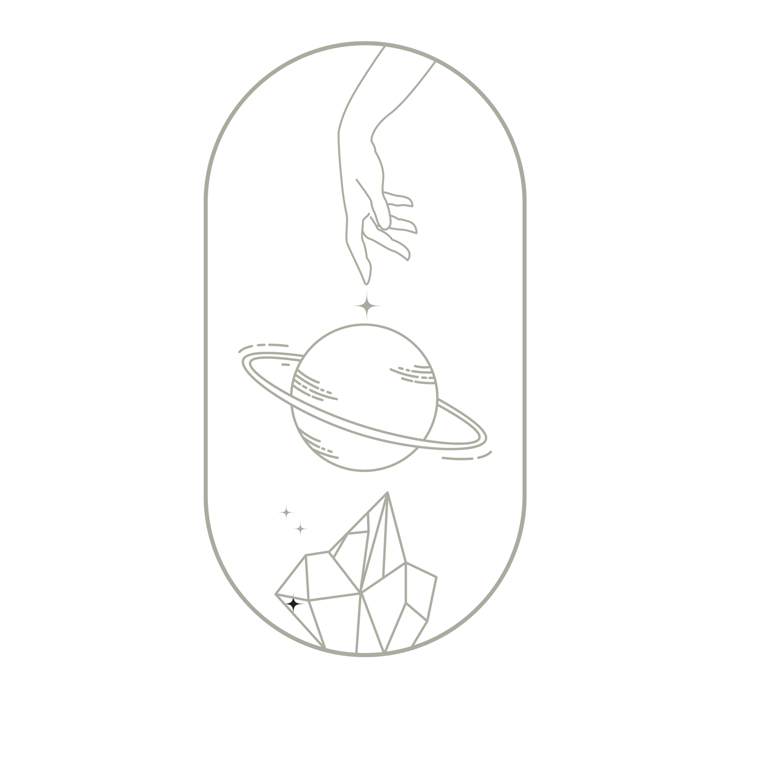 Schwarz-weiß-Illustration einer Weltraumszene mit einer Saturnähnlichen Planeten, einer Hand, einem Diamanten und Sternen im minimalistischen Scanlinien-Stil