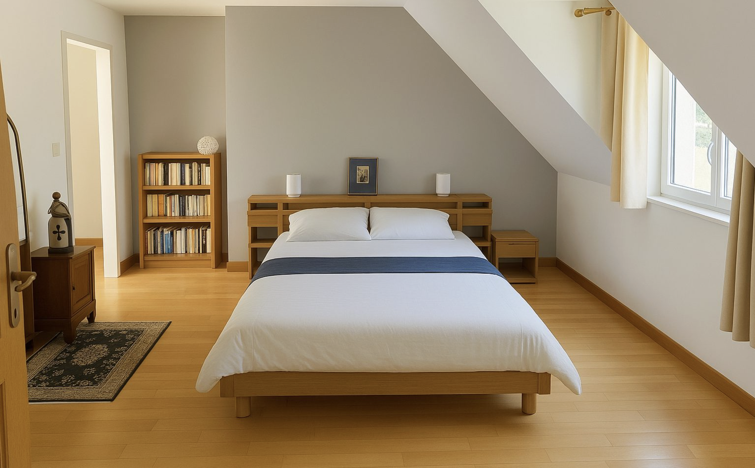Une chambre avec un lit double en bois clair, deux petites tables de chevet et une étagère remplie de livres sur le côté. La pièce est lumineuse avec une fenêtre avec des rideaux beiges.
