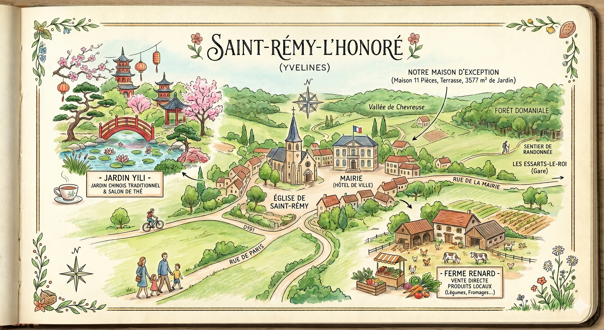 Carte illustrée du village de Saint-Rémy-l'Honoré, montrant des bâtiments, un temple, un jardin japonais avec un pont rouge, une église, une mairie, une ferme et des paysages environnants avec arbres, champs et sentiers. Inclut aussi des éléments décoratifs comme des fleurs et un panneau indiquant le jardin japonais.