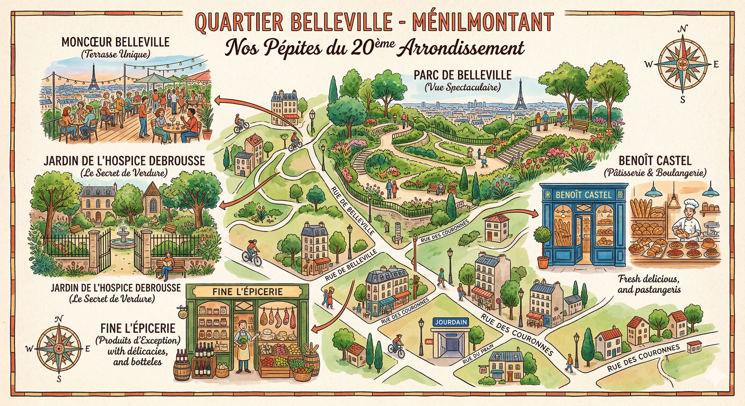 Carte illustrée des quartiers Belleville et Ménilmontant, montrant des endroits comme le Moncœur Belleville avec une terrasse, le jardin de l'hospice Debroussé avec un espace vert et fontaine, le parc de Belleville offrant une vue spectaculaire, et la boulangerie Benoît Castels avec un pâtissier. La carte inclut également des éléments comme des arbres, des allées, des bancs et des boutiques, avec une boussole indiquant le nord en haut à droite.