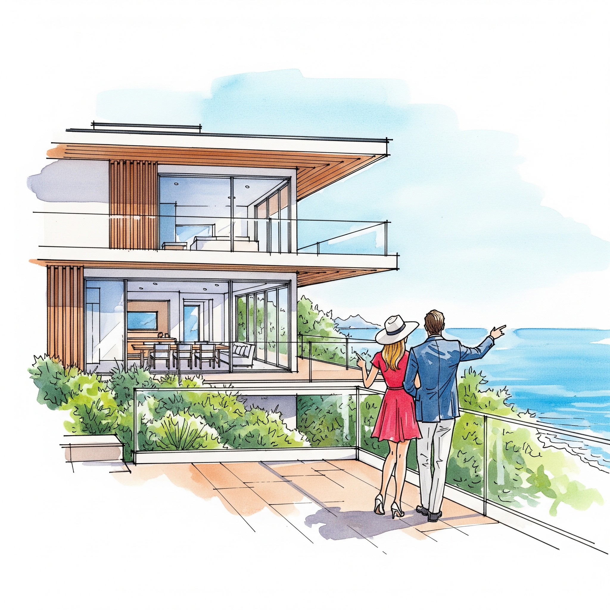 Un couple en tenue élégante, un homme en costume et une femme en robe rouge, se promènent sur une terrasse avec une vue sur la mer et un ciel bleu. Ils semblent profiter d'une journée ensoleillée et discutent.