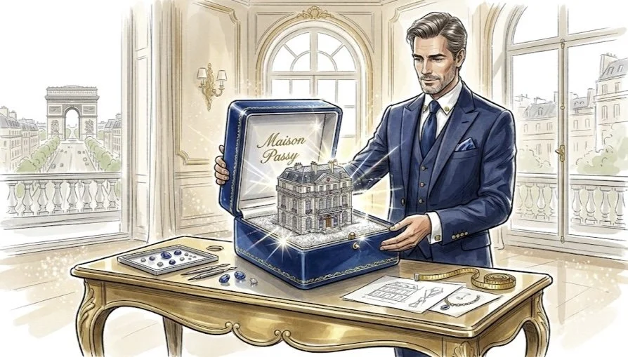Un homme en costume regarde une maquette de maison dans une boîte, sur un bureau dans une pièce élégante avec fenêtres grandioses. La boîte porte l'inscription "Maison Paszy".