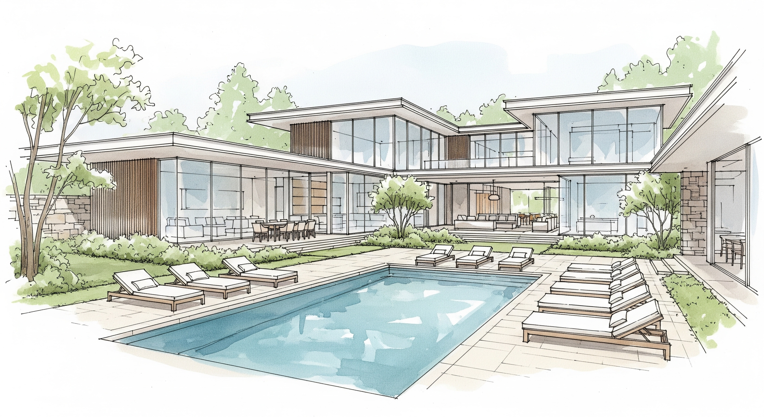 Un dessin architectural d'une maison moderne avec piscine, chaises longues, et espace détente, entourée d'arbres et de végétation.