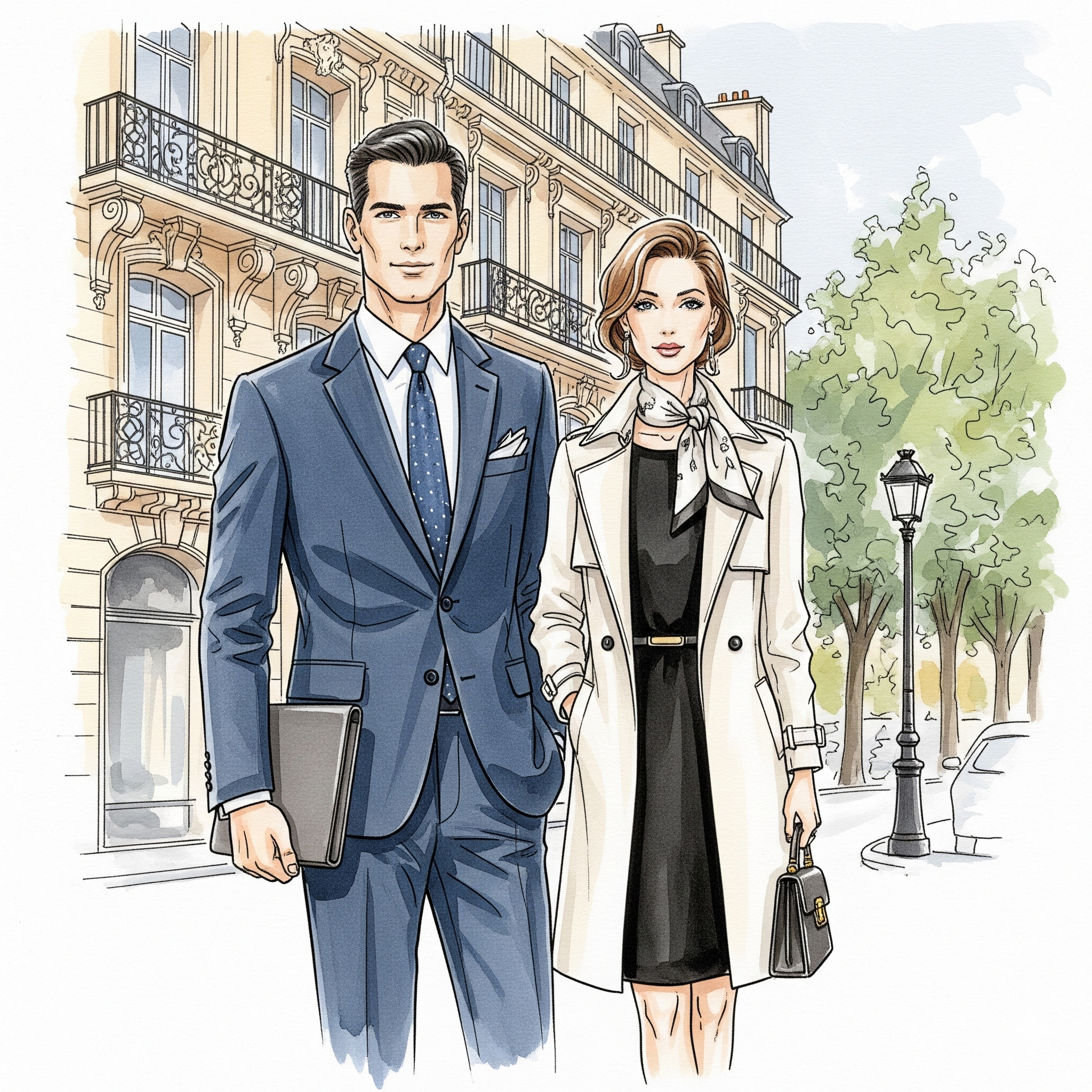 Une illustration de deux personnes élégamment habillées, un homme en costume bleu avec une cravate et une femme en trench beige avec un foulard, se tenant devant un bâtiment parisien avec des balcons en fer forgé et des arbres, lors d'une journée ensoleillée.