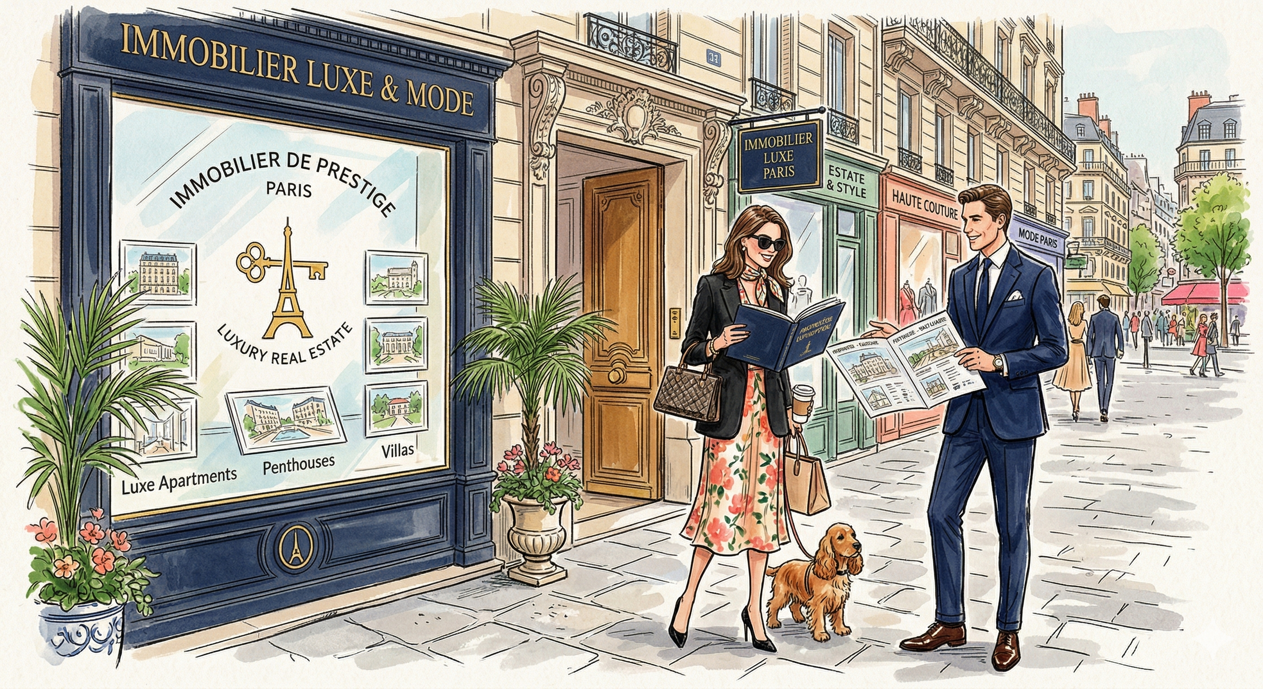 Deux personnes habillées élégamment discutent devant une agence immobilière à Paris. La femme tient un magazine immobilier, un chien à ses côtés et porte des lunettes de soleil, tandis que l'homme tient un journal. La vitrine montre des annonces immobilières pour des appartements de luxe tels que penthouses et villas.
