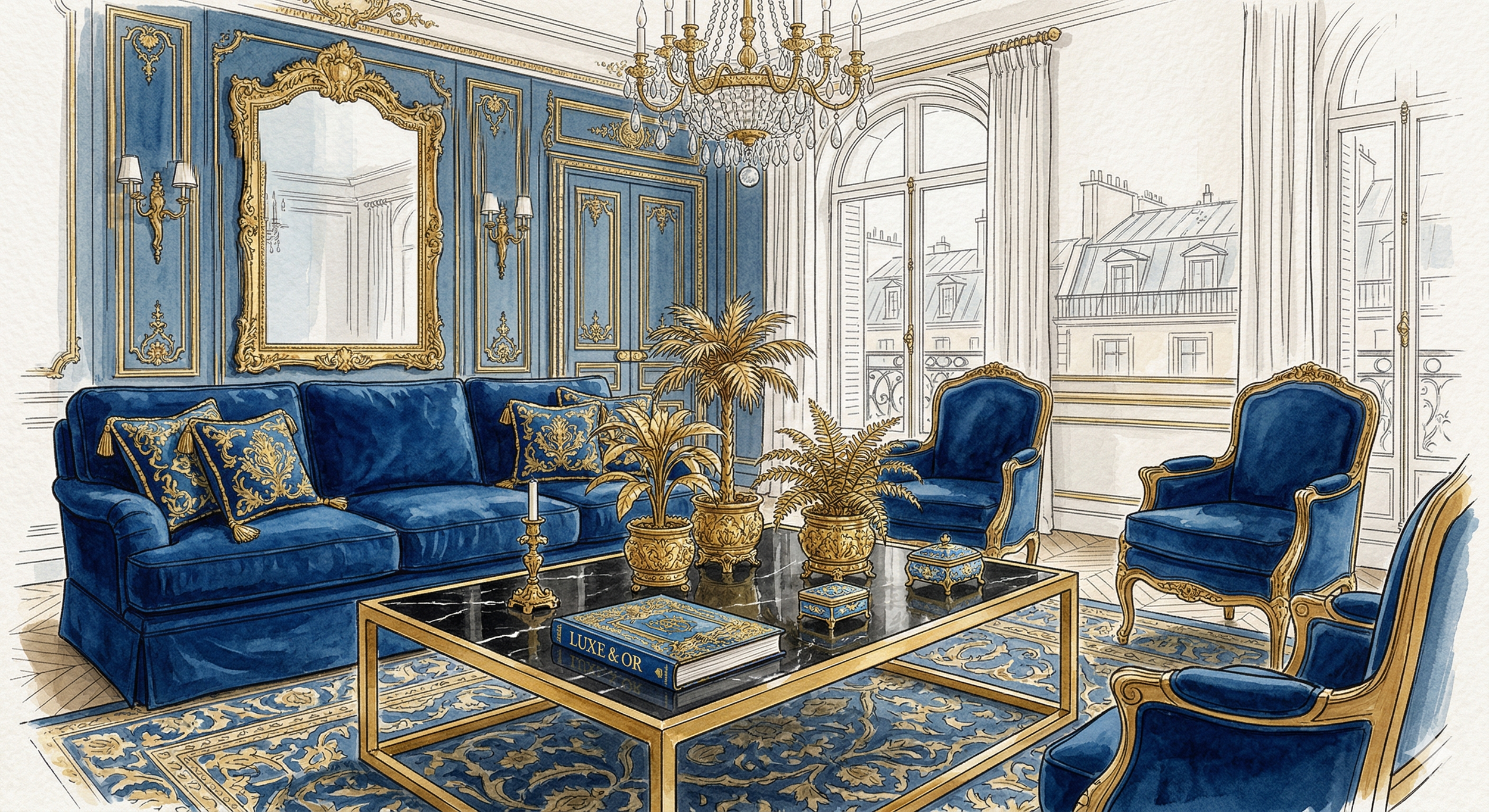 Salon élégant avec un canapé bleu, des fauteuils assortis, un tapis, des plantes en vases décoratifs, et une grande fenêtre laissant entrer la lumière naturelle.