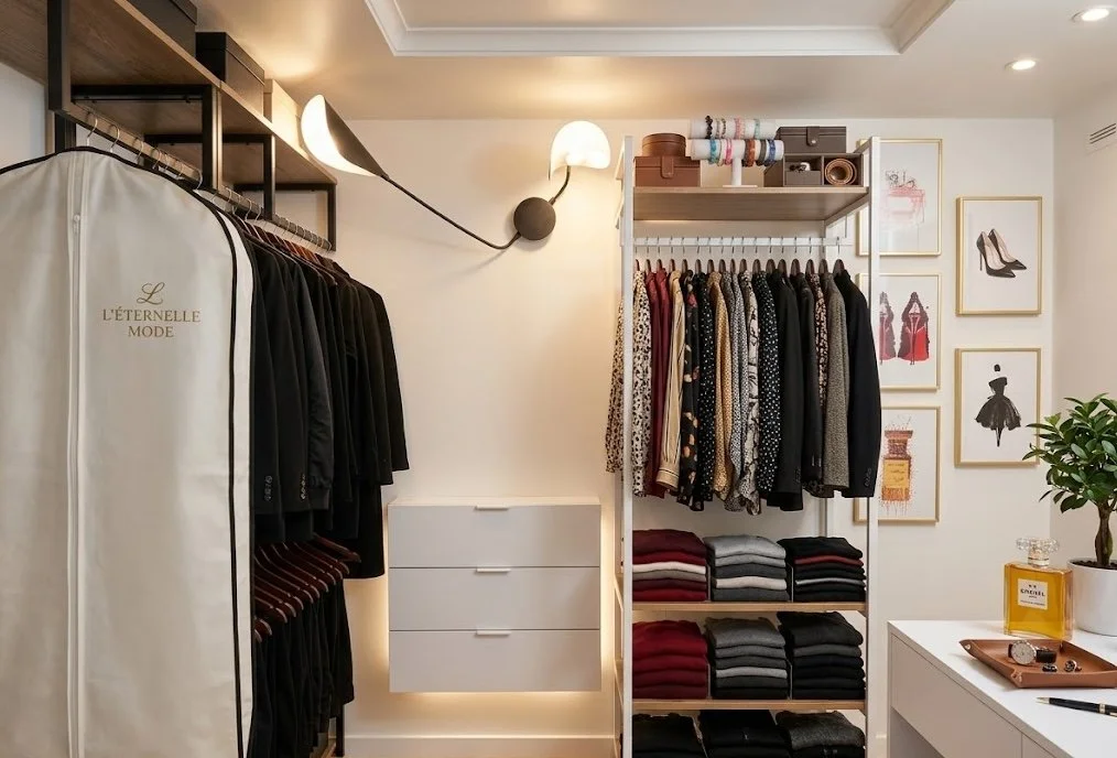 Intérieur d'une garde-robe élégante avec vêtements suspendus, étagères de vêtements pliés, décorations murales et une plante
