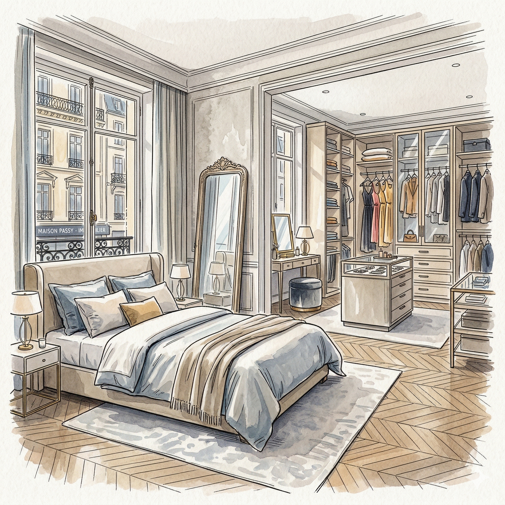 Une illustration d'une chambre à coucher élégante avec un grand lit, une armoire avec des vêtements, des lampes de chevet, et une fenêtre donnant sur des bâtiments parisiens.