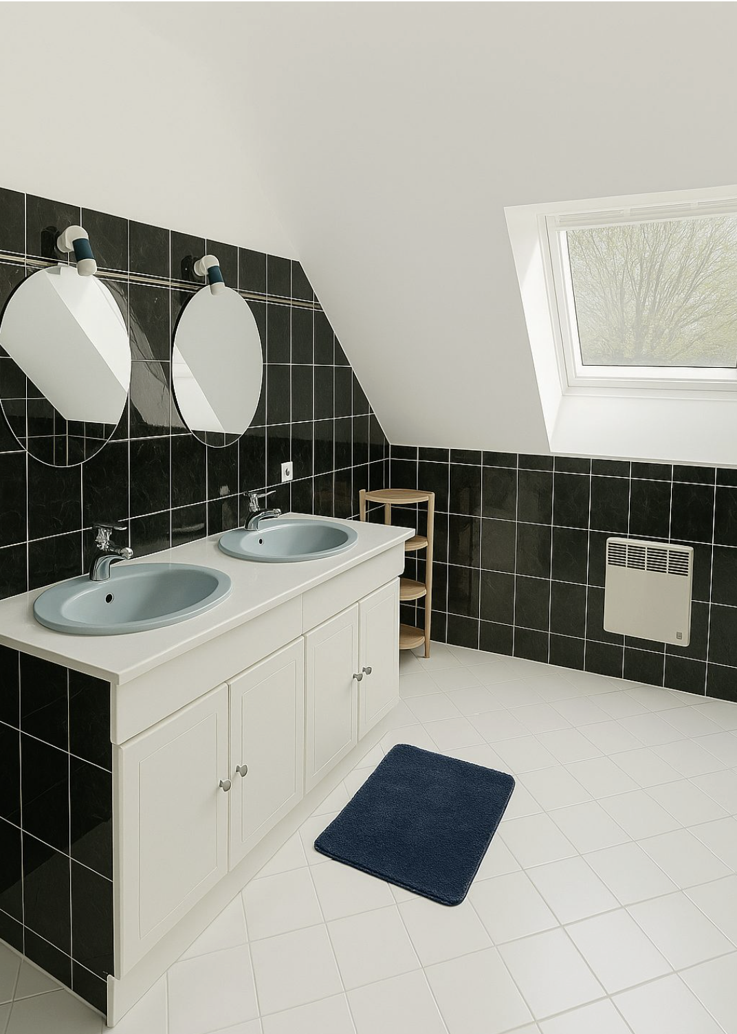 Salle de bain avec double lavabo, deux miroirs ronds, plafond en pente avec fenêtre de toit, tapis bleu, murs noirs avec carrelage, meubles blancs, petite étagère en bois, chauffage électrique.
