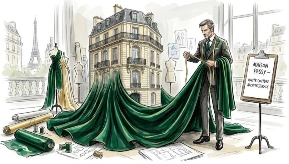 Un homme habillé en costume démonte un panneau d'atelier avec un tissu vert pour une maison haute couture et architecturale, dans un atelier avec des mannequins et la Tour Eiffel en arrière-plan.