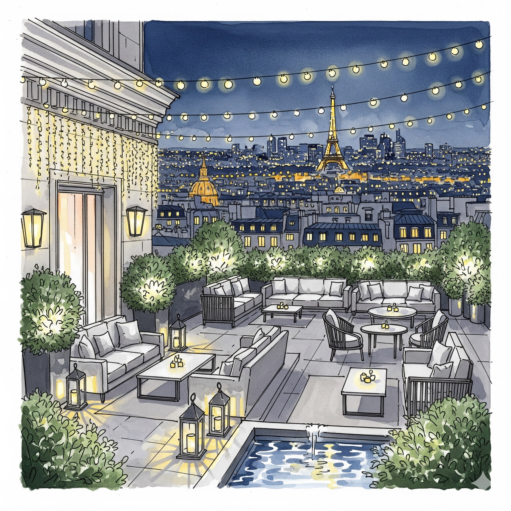 Terrasse parisienne éclairée de lanternes, avec vue sur la tour Eiffel dans la nuit, coin salon avec canapé, tables, plantes et flambeaux.