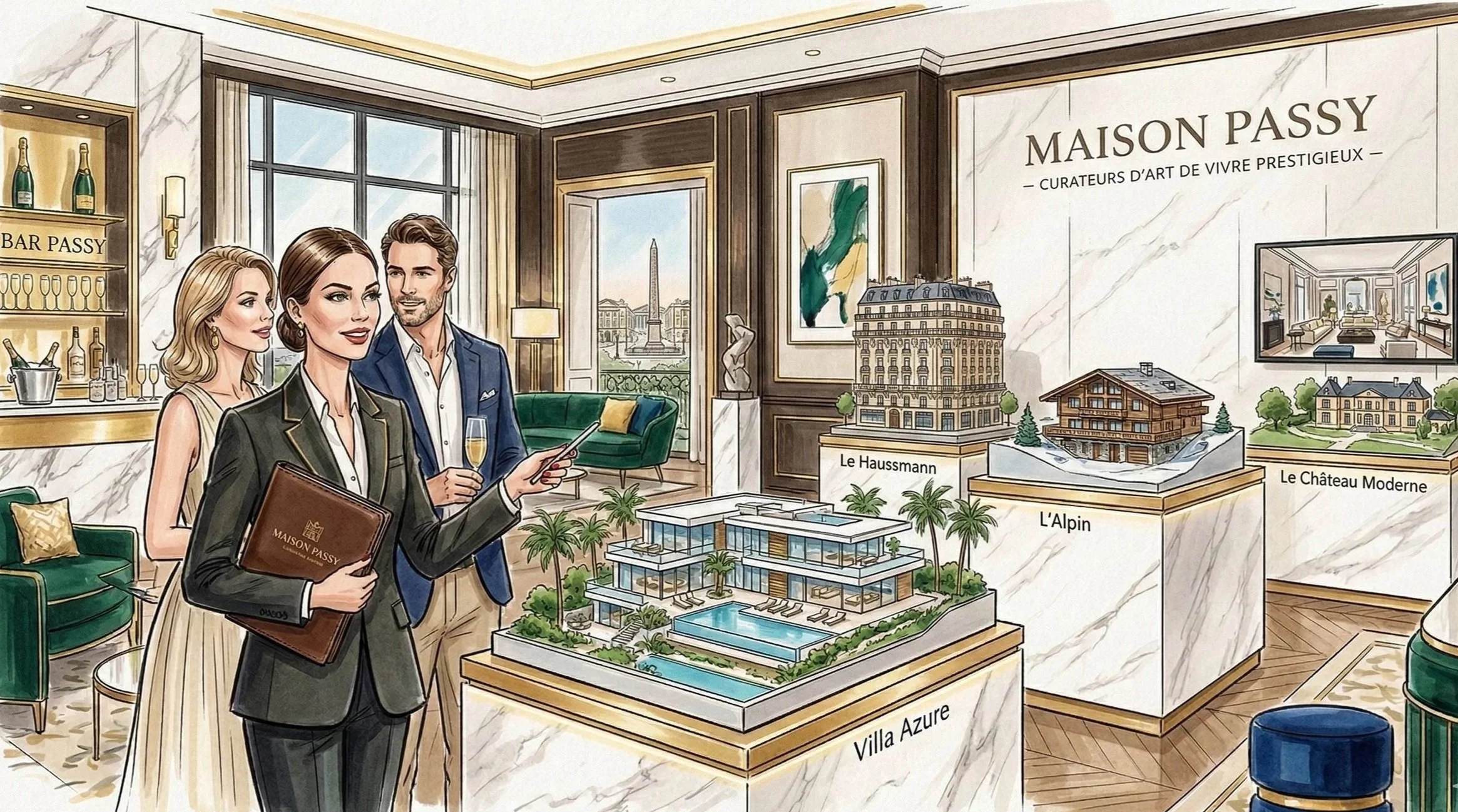 Illustration d'une salle de présentation immobilière avec trois personnes regardant une maquette de différents bâtiments résidentiels de luxe, dont Villa Azure, L'Alpin et Le Château Moderne, avec un décor élégant et des œuvres d'art.